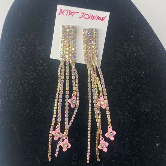 Betsey Johnson floral stone linear fringe earrings NWT - Picture 3 of 8